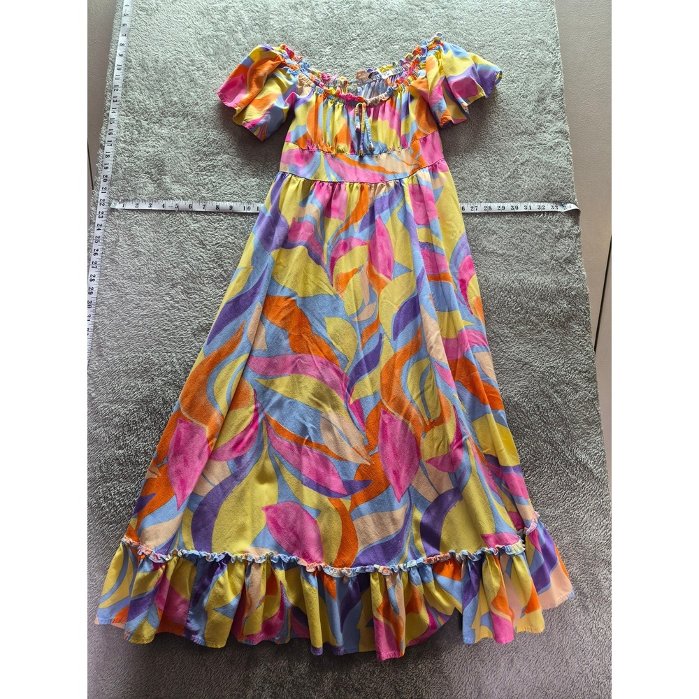 Petal + Pup Multi Color Abstract Leaf Print Maxi Dress Flutter Sleeve Medium